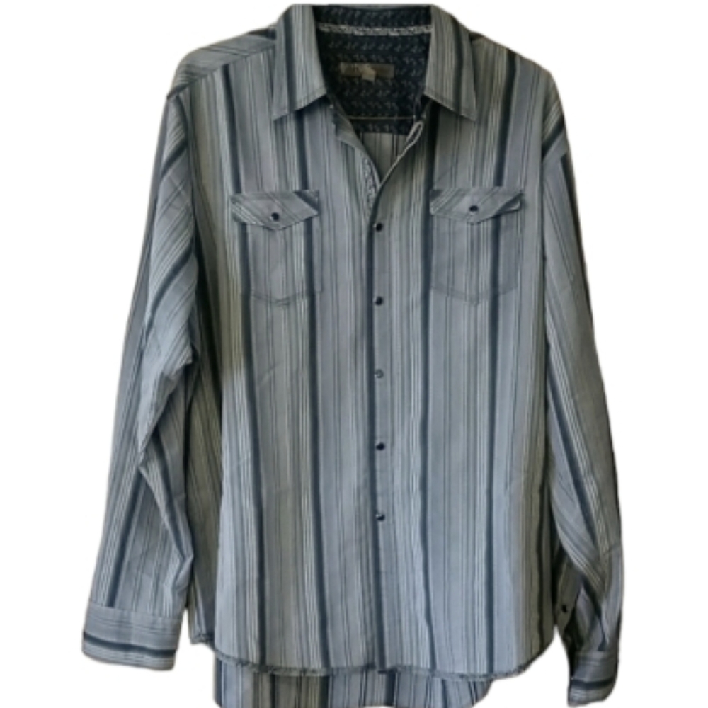 Pronto Uomo Blue Mens Grey Striped Long Sleeve Snap Shirt‎ Size XXL